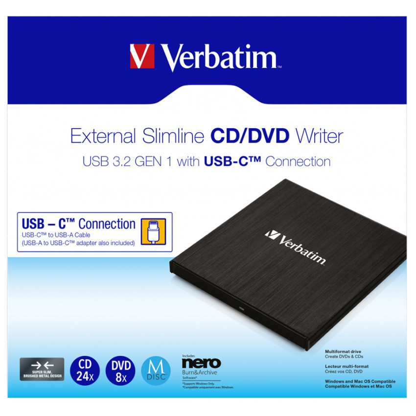 Verbatim USB-C/A externer Ultra Slim DVD±RW/-RAM/-DL Brenner (schwarz)