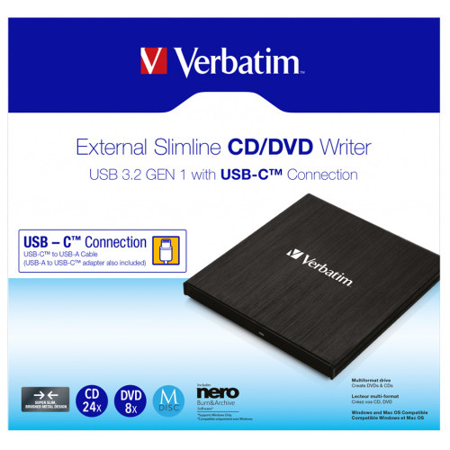Verbatim USB-C/A externer Ultra Slim DVD±RW/-RAM/-DL Brenner (schwarz)