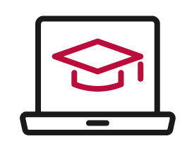 Outline-Icon eines Laptops in schwarz mit einem roten Outline-Icon eines Absolventenhuts auf dem Display