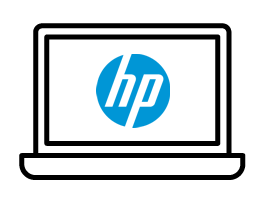 Outline-Icon eines Laptops in schwarz mit einem blauen HP-Icon auf dem Display