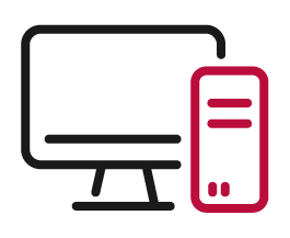 Outline-Icon eines roten Desktop-PCs vor einem Outline-Icon eines schwarzen PC-Monitors