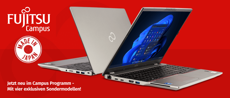 Zwei Fujitsu Lifebook Laptops auf rotem Grund